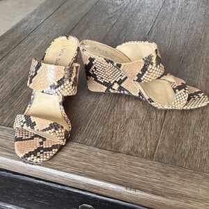 Via Spiga Tan and Black Snakeskin Wedge Sandals
